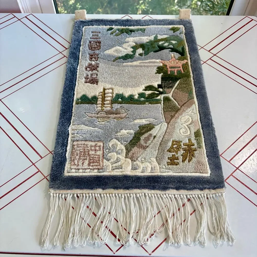 Vintage Chinese Silk Wall Hanging Rug Water and Boat Landscape Fringed Tassels